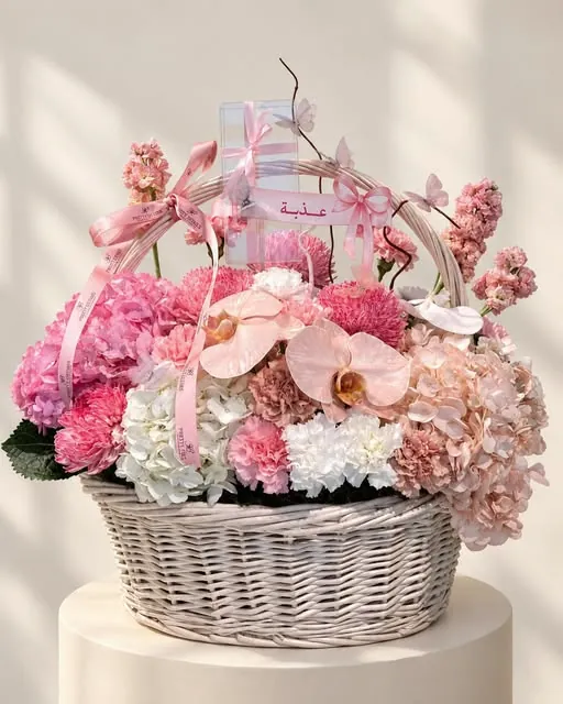 Wicker basket, pinks and orchids