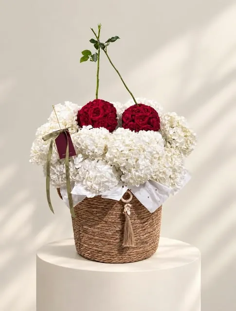 Red and white, woven basket