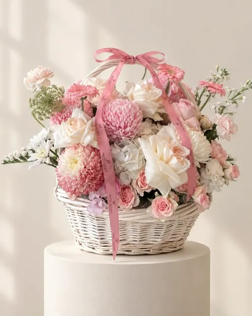 Pink basket, roses and carnations